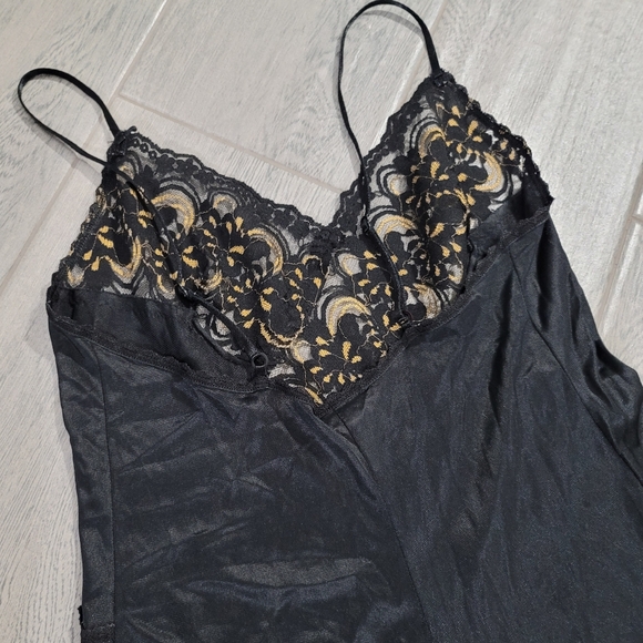 Vintage Slip Dress Maxi Lace Black Gold Y2K Sexy Bows Fashion Bug Size Large - Picture 5 of 11